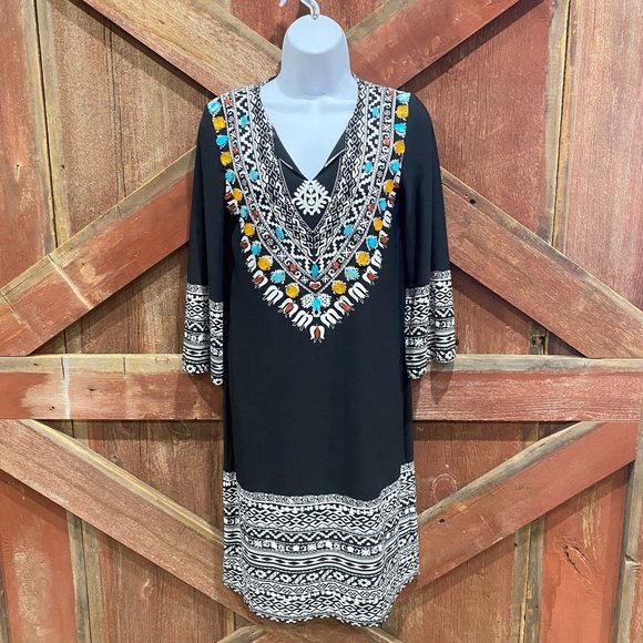 Chico's Dresses & Skirts - Chico's Beaded Southwestern Dress Size Small 0, Size 4 Stretch Colorful Bell Sle